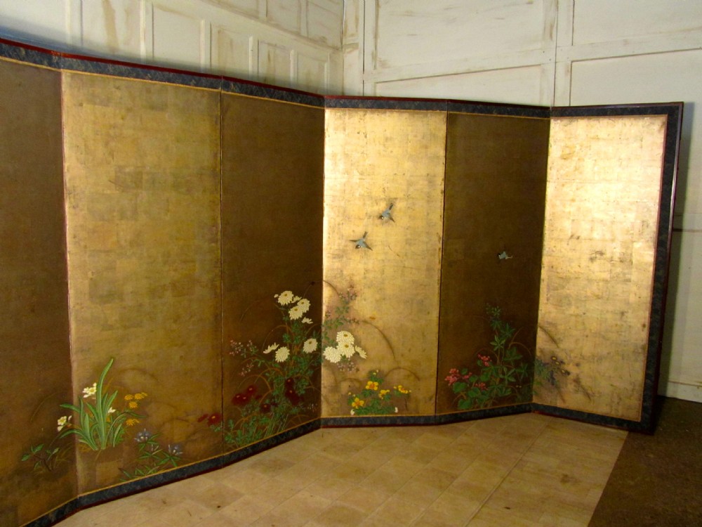 Pair of Gold and Painted Japanese 6 Fold Screens, (Byobu) Edo Period  View VIII