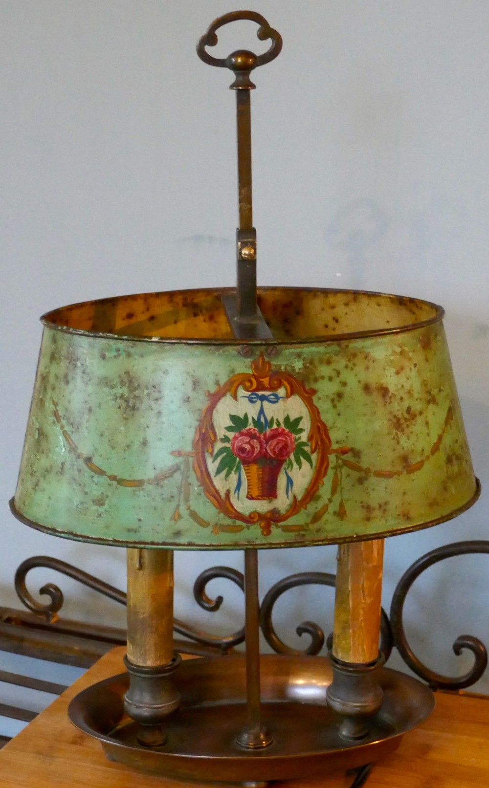 French Painted Toleware and Brass Twin Table Lamp