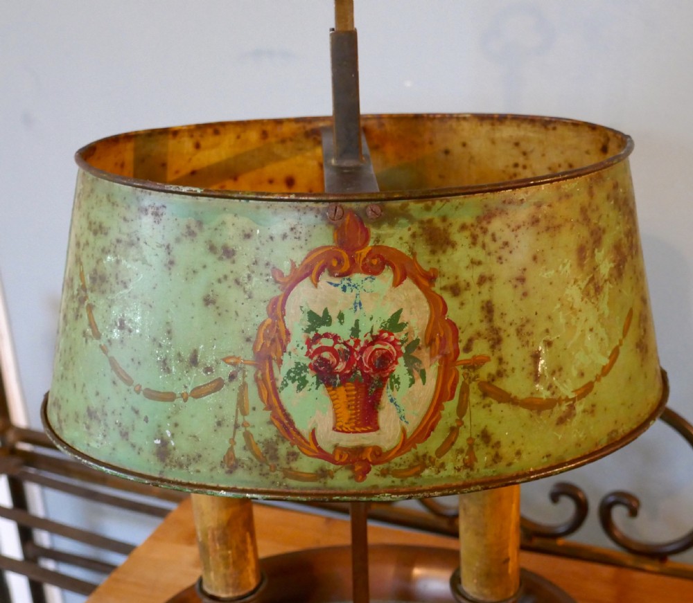 French Painted Toleware and Brass Twin Table Lamp View II