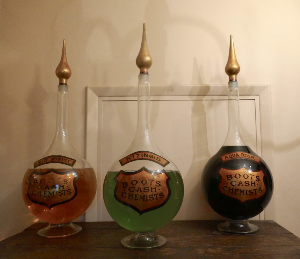 Trio of Very Large Antique Apothecary or Old Chemist Jars Shop Display   View VI
