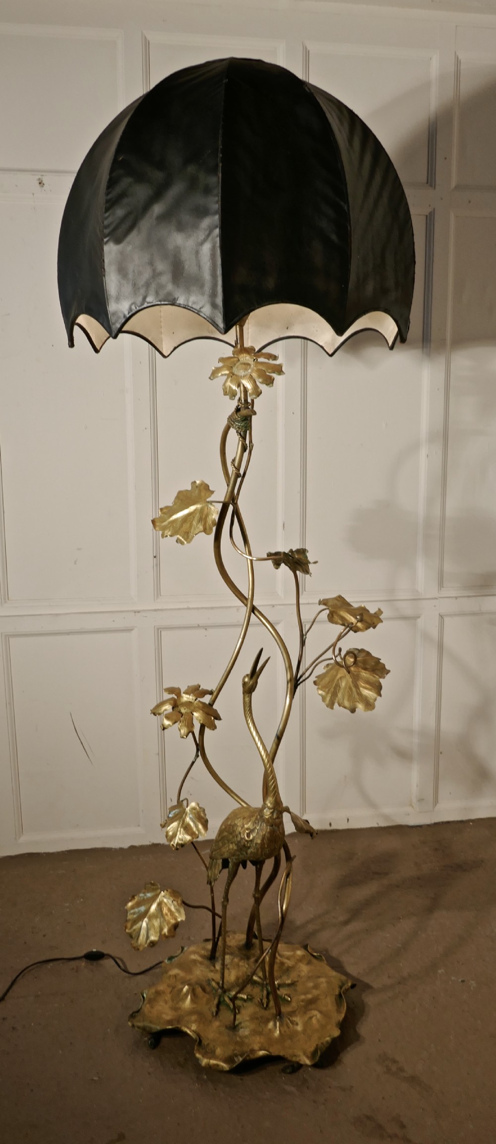 Very Rare French Art Nouveau Brass Floor Lamp with Heron and Water Lilies 