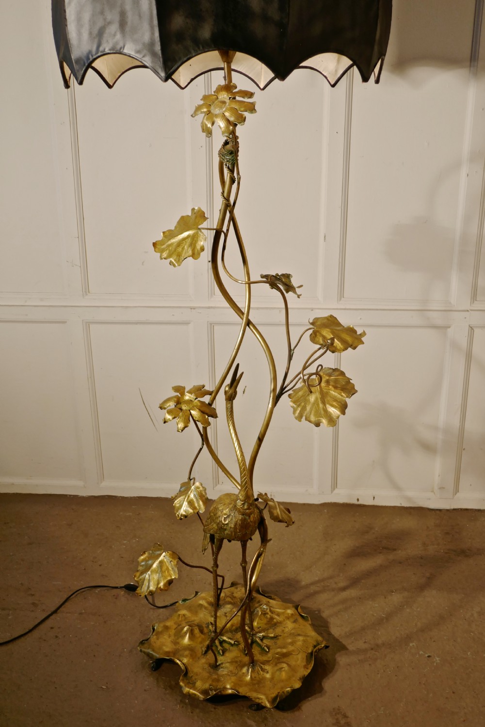 Very Rare French Art Nouveau Brass Floor Lamp with Heron and Water Lilies  View IV