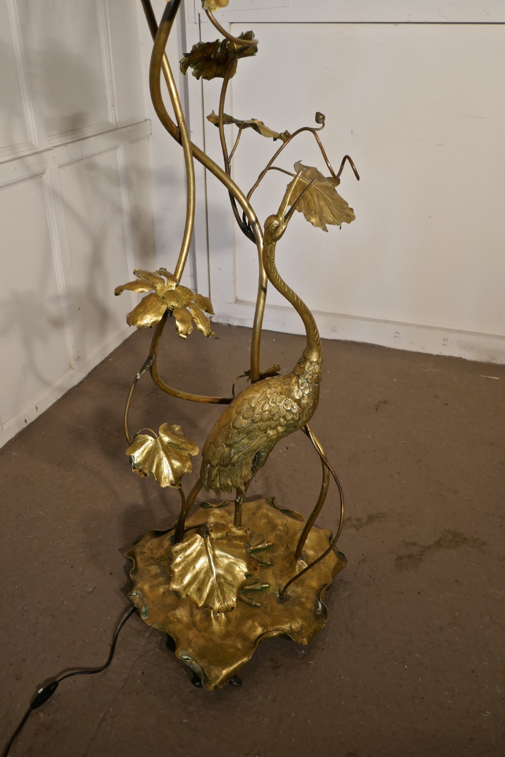 Very Rare French Art Nouveau Brass Floor Lamp with Heron and Water Lilies  View V