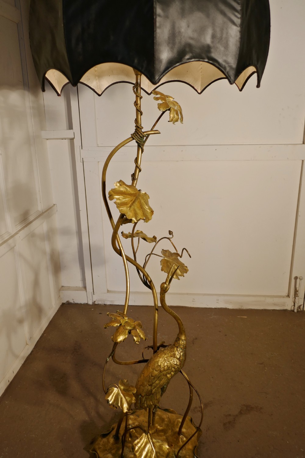 Very Rare French Art Nouveau Brass Floor Lamp with Heron and Water Lilies  View VI