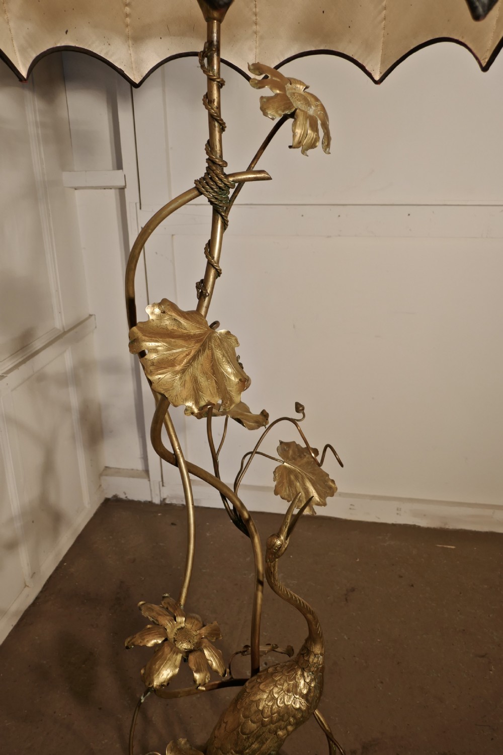 Very Rare French Art Nouveau Brass Floor Lamp with Heron and Water Lilies  View VII