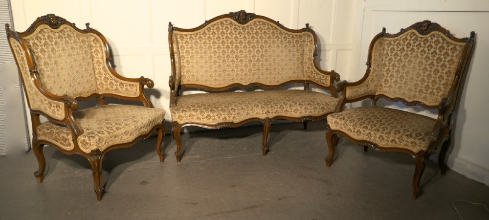 French Finest Quality 3 Piece Salon Suite, in Walnut with Velvet Upholstery