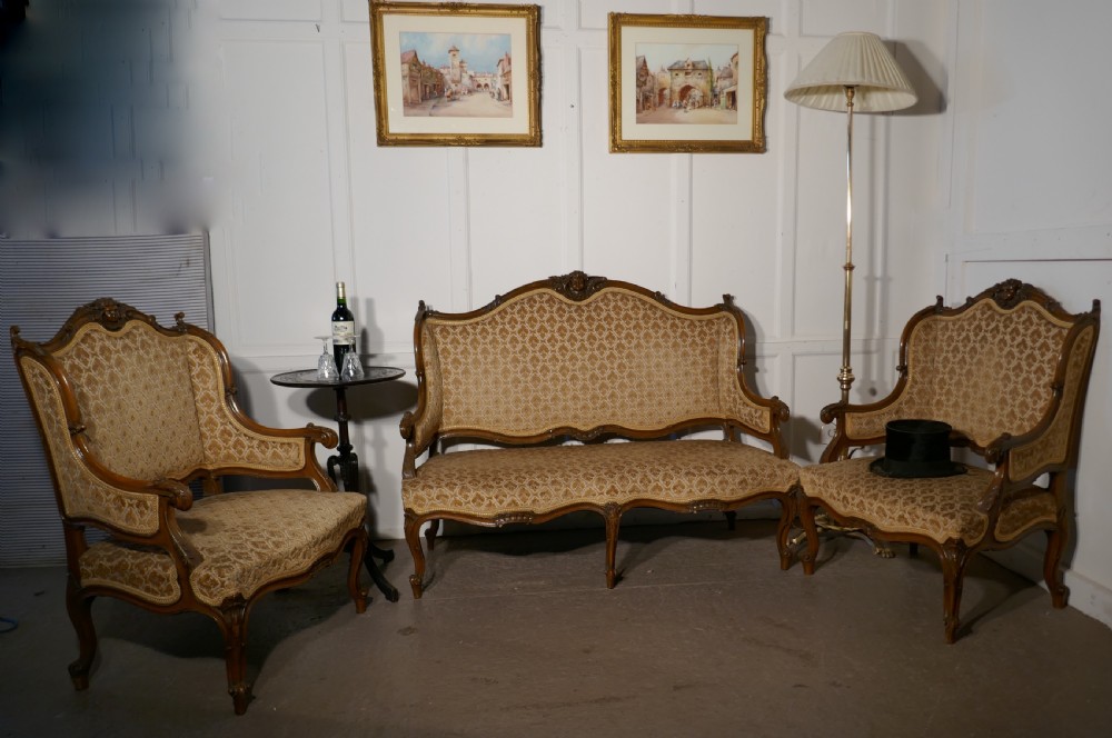 French Finest Quality 3 Piece Salon Suite, in Walnut with Velvet Upholstery View II