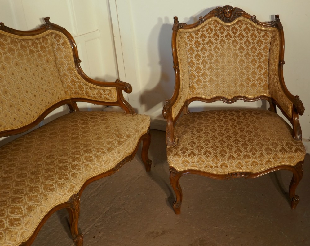 French Finest Quality 3 Piece Salon Suite, in Walnut with Velvet Upholstery View V