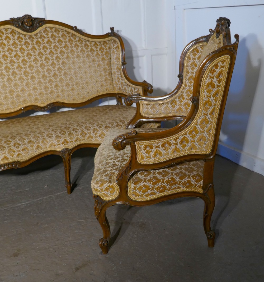French Finest Quality 3 Piece Salon Suite, in Walnut with Velvet Upholstery View XII