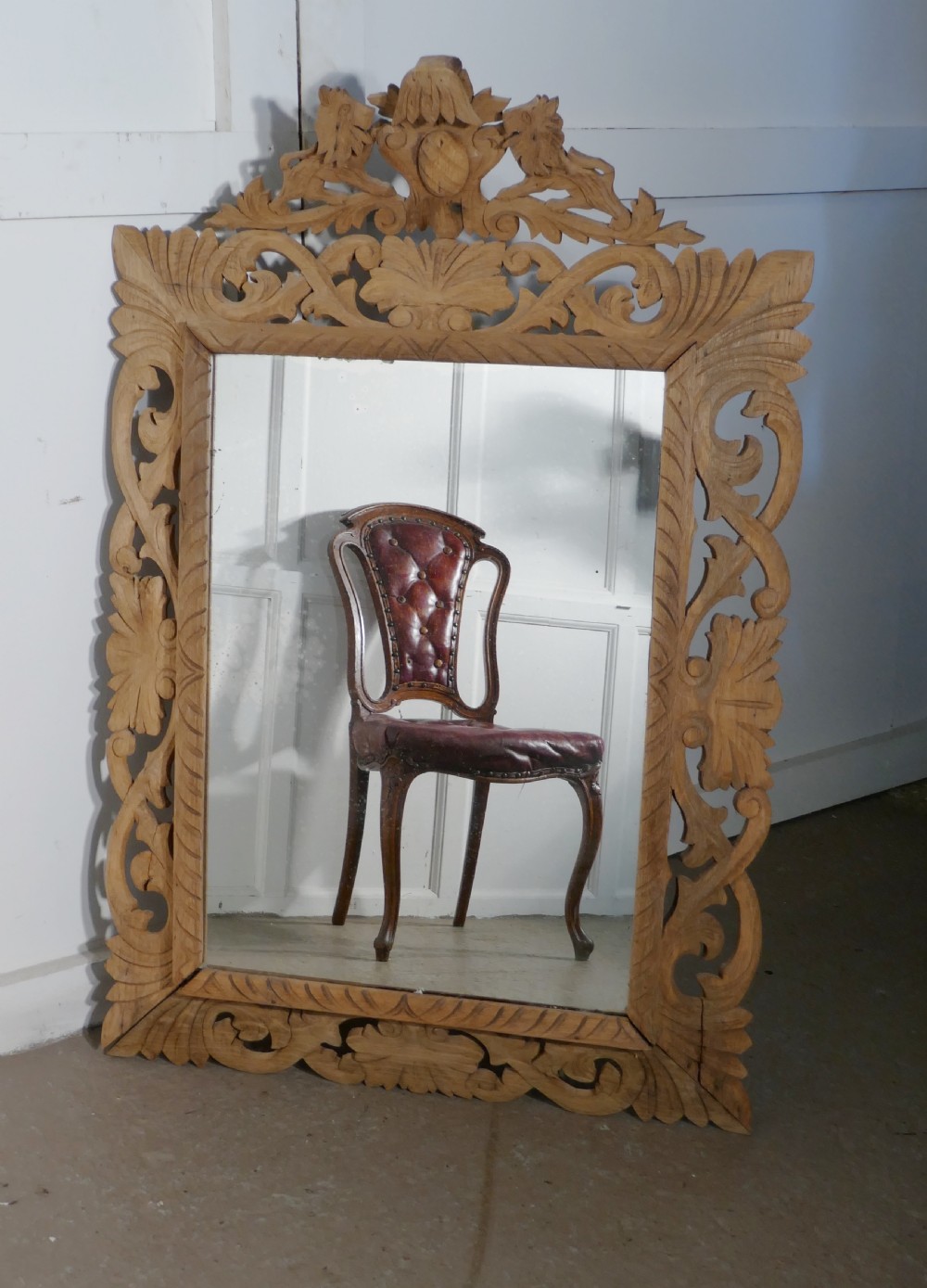 Large French Carved Bleached Oak Mirror