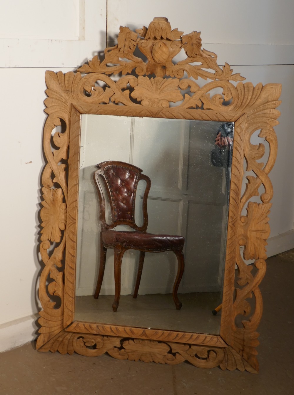 Large French Carved Bleached Oak Mirror View III