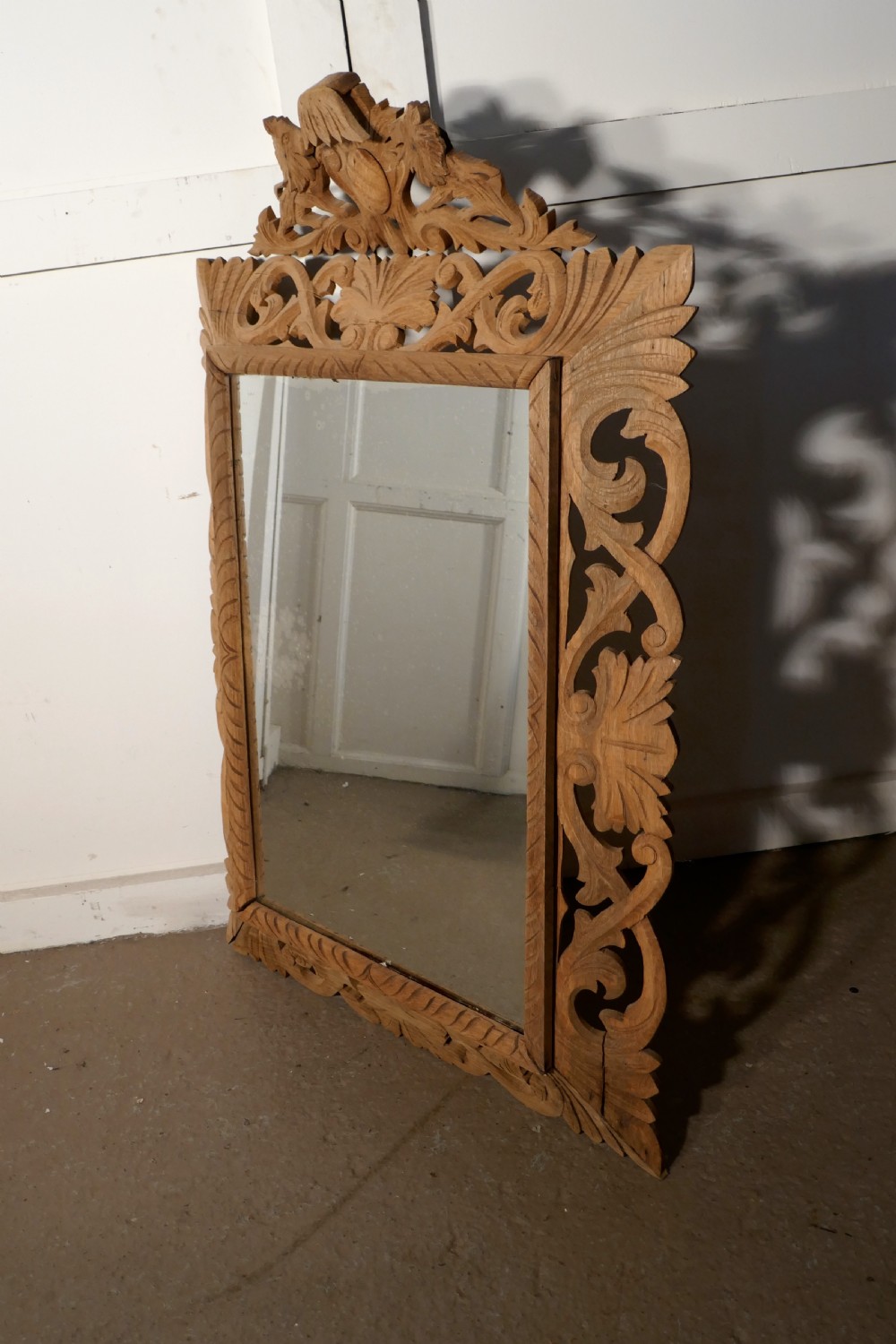 Large French Carved Bleached Oak Mirror View IV