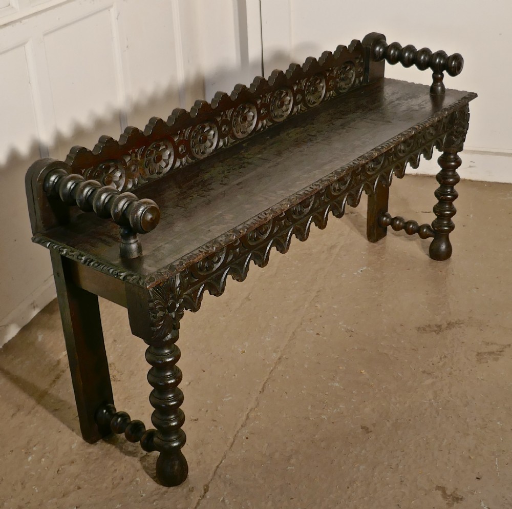 19th Century Carved Gothic Oak Window Seat or Hall bench