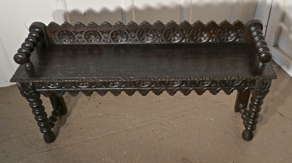 19th Century Carved Gothic Oak Window Seat or Hall bench View IV