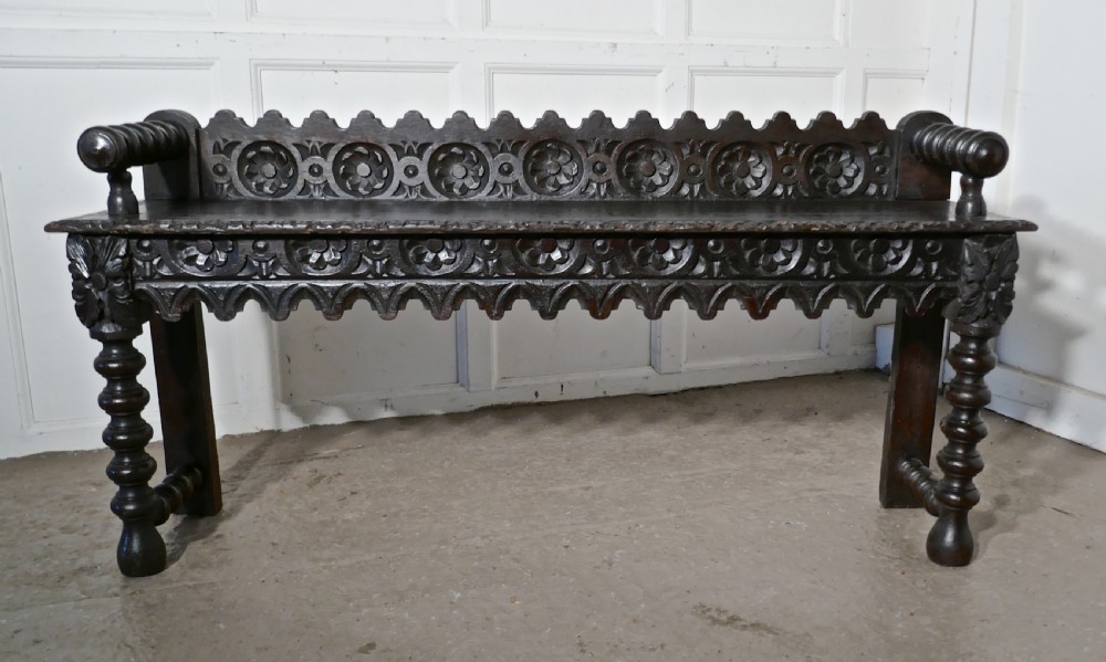 19th Century Carved Gothic Oak Window Seat or Hall bench View V