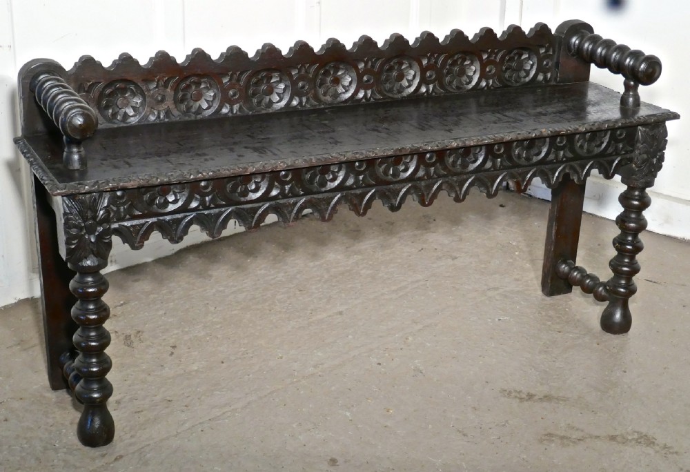 19th Century Carved Gothic Oak Window Seat or Hall bench View VI