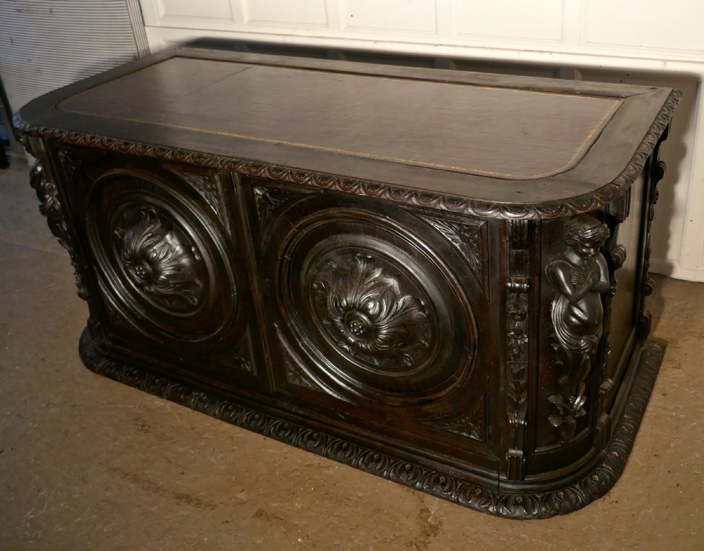 19th Century French One Piece Oak Desk Carved with Cherubs View XII