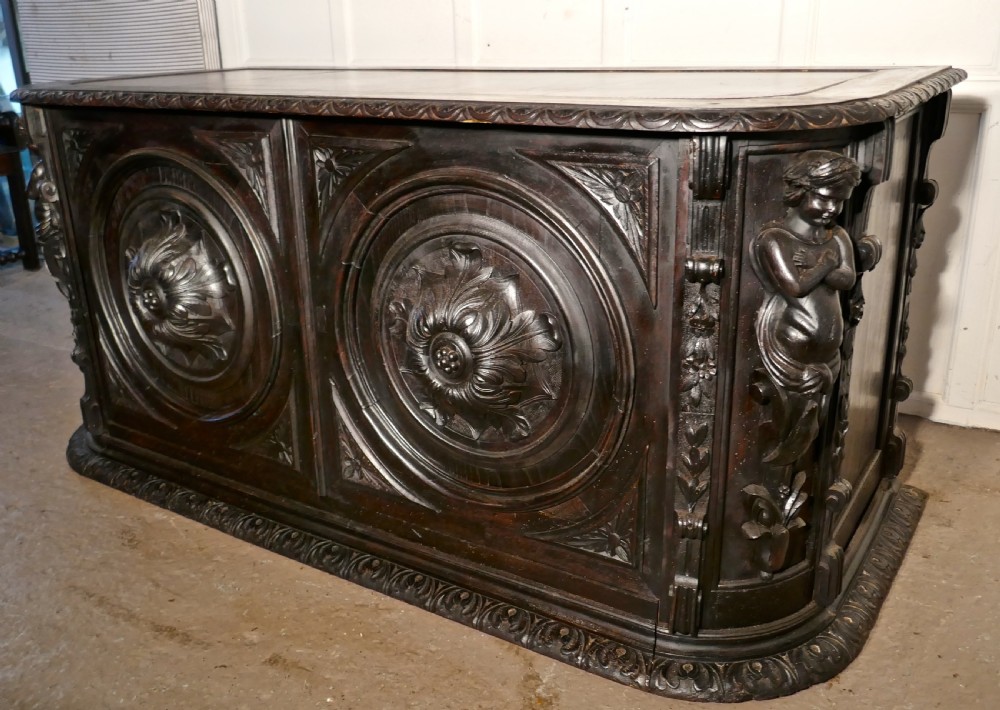 19th Century French One Piece Oak Desk Carved with Cherubs View XIV