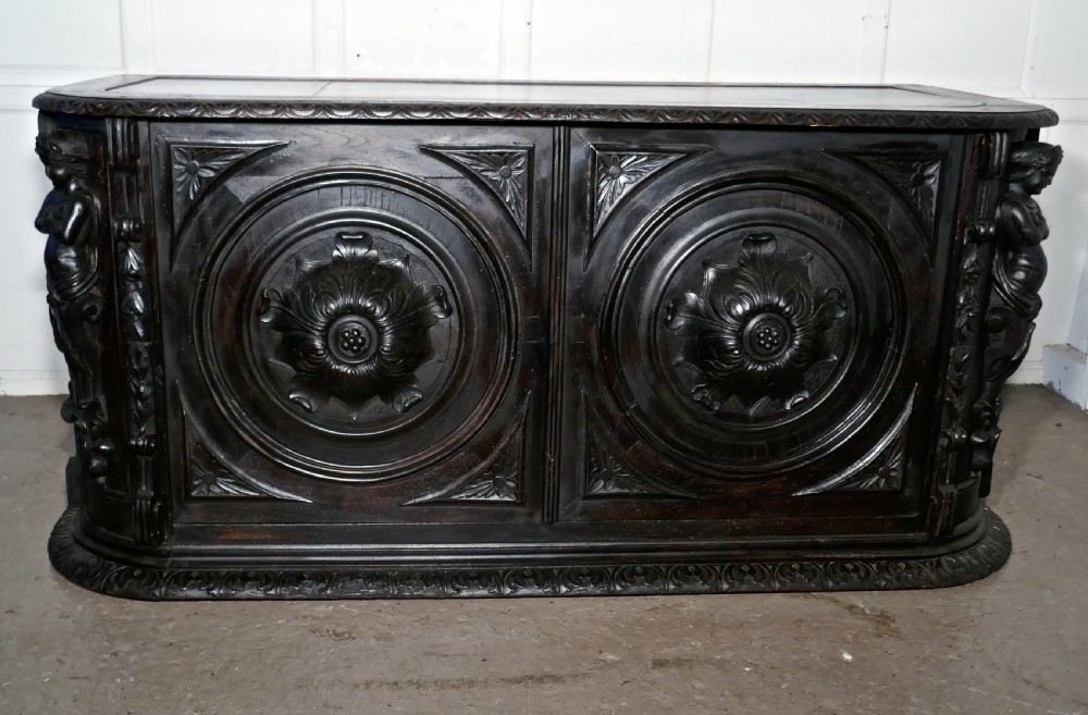 19th Century French One Piece Oak Desk Carved with Cherubs View XVII