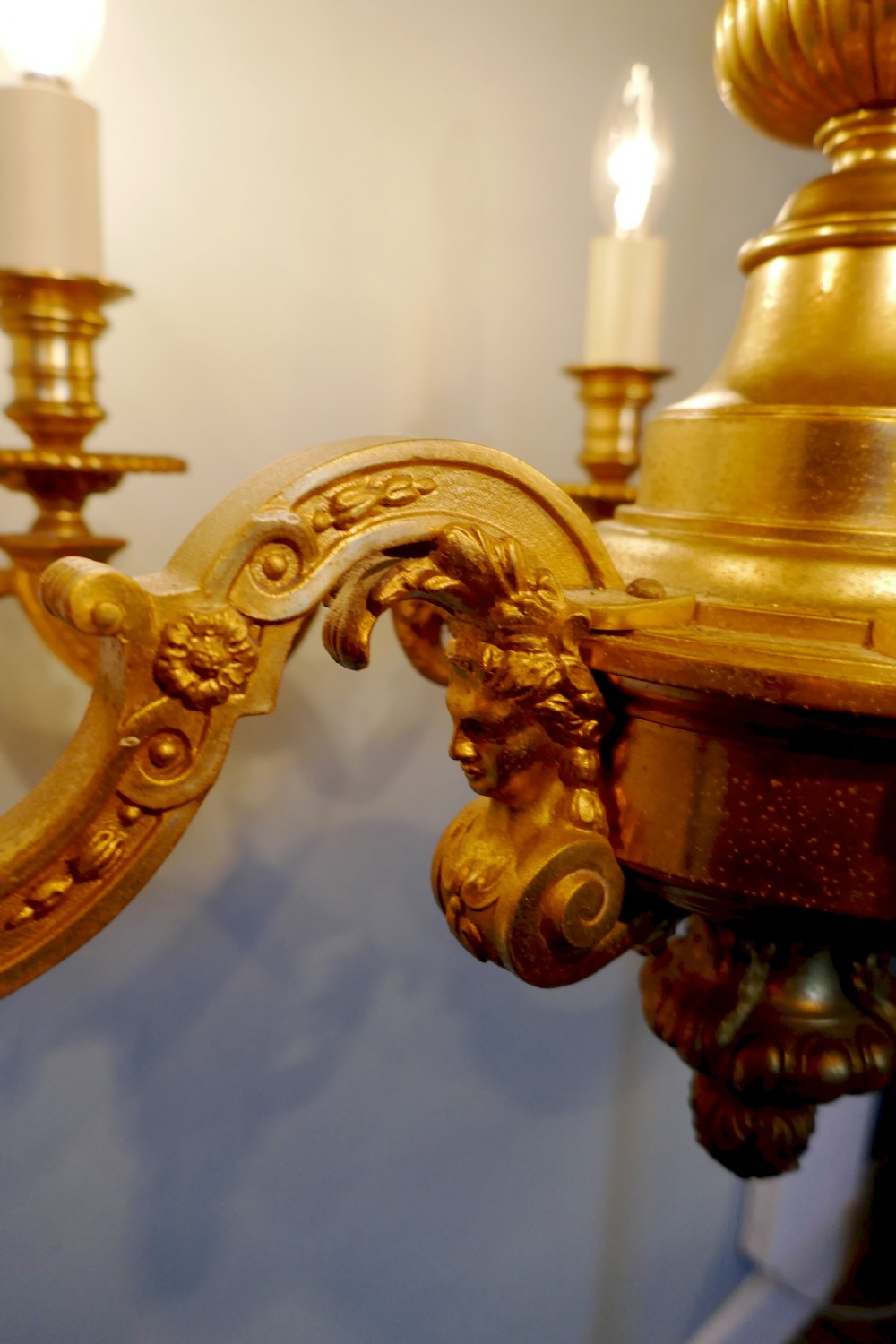 A French Gilded Brass 6 Branch Rococo Chandelier  View IX