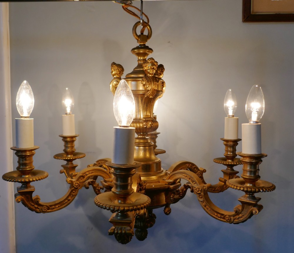 A French Gilded Brass 6 Branch Rococo Chandelier  View XV