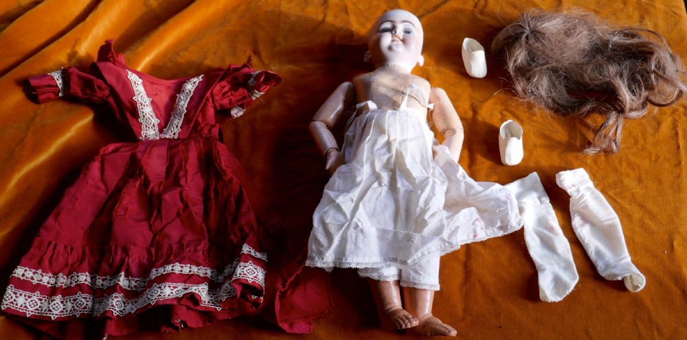 19th Century Character Doll possibly by Kestner with Wig and Clothes 