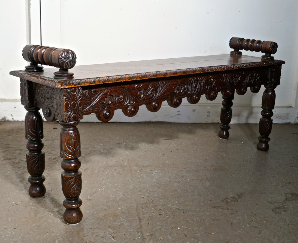 19th Century Carved Gothic Oak Window Seat or Hall bench