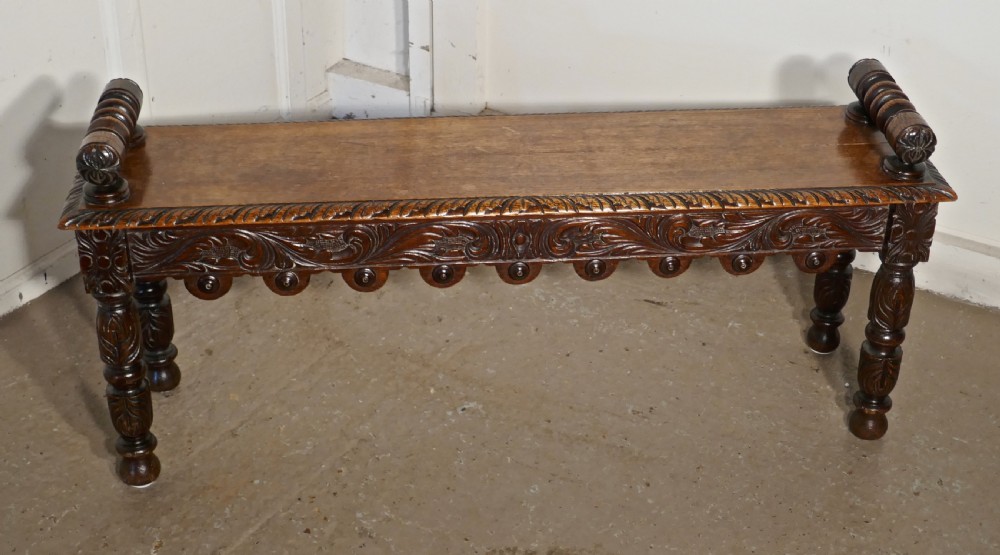 19th Century Carved Gothic Oak Window Seat or Hall bench View II
