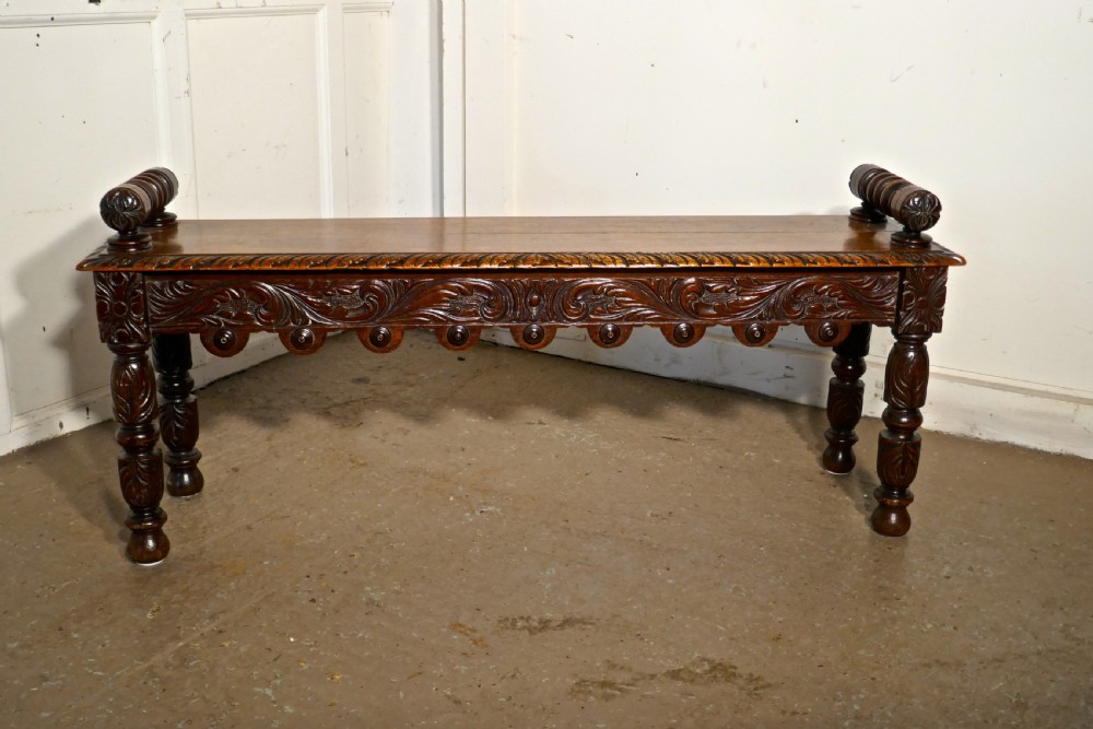 19th Century Carved Gothic Oak Window Seat or Hall bench View V