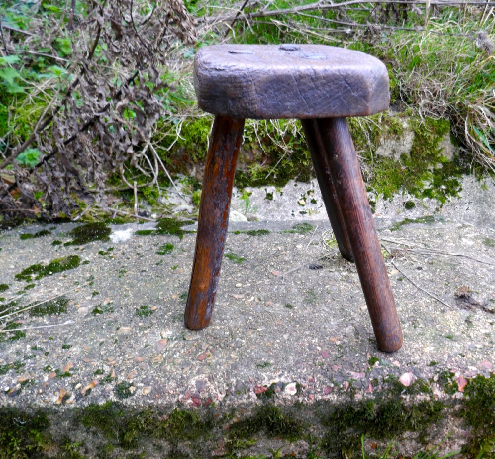 Very Rustic 18th Century Elm Dairy Stool or Milk Maid’s Stool View II