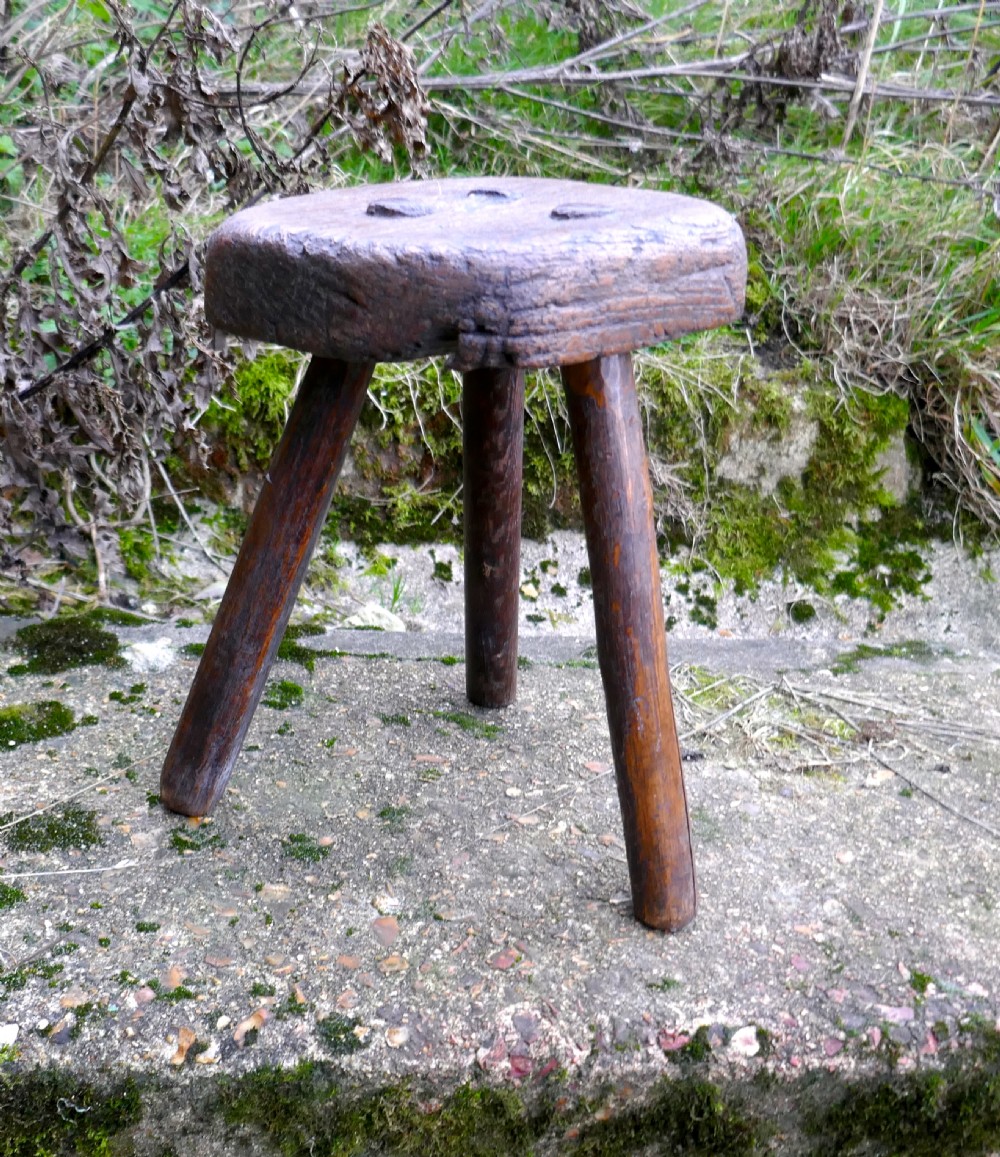 Very Rustic 18th Century Elm Dairy Stool or Milk Maid’s Stool View III