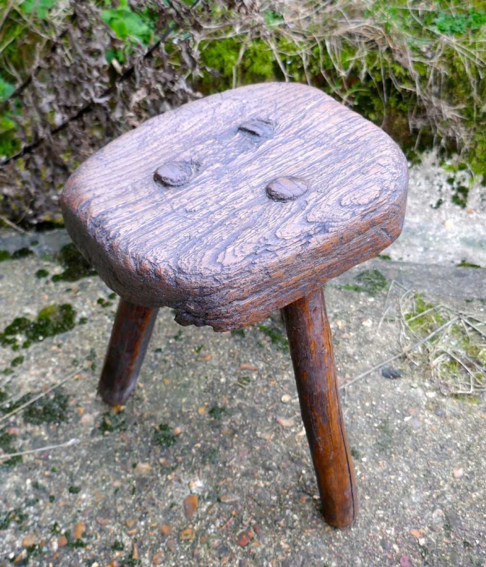 Very Rustic 18th Century Elm Dairy Stool or Milk Maid’s Stool View V