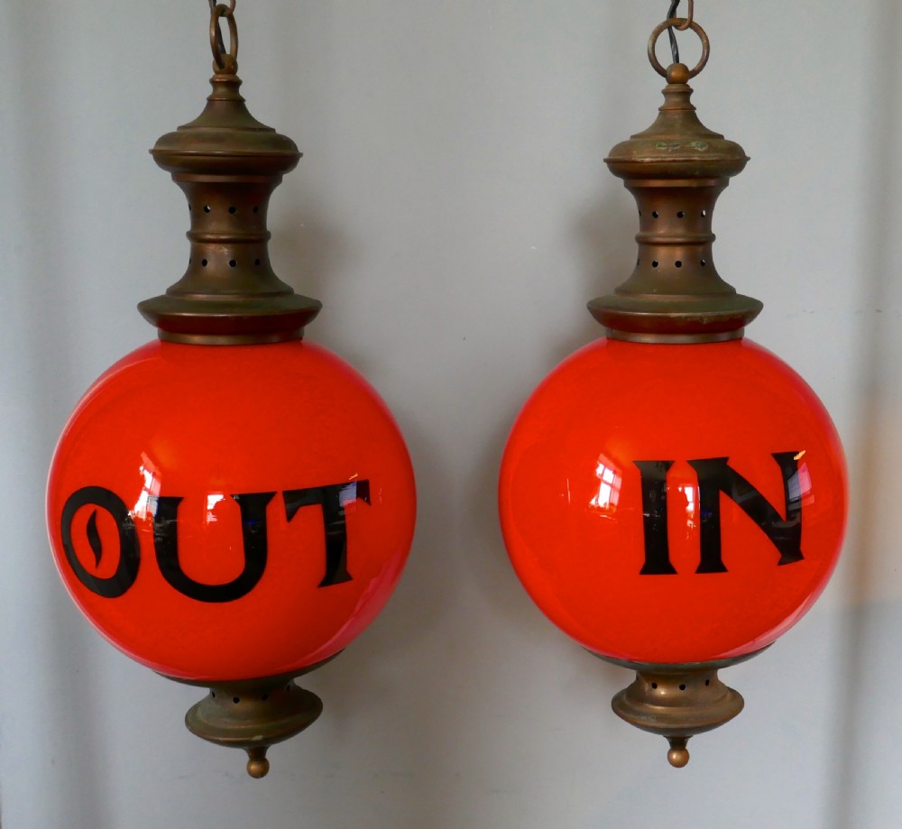 Rare Pair Art Deco Porch Lamps Entrance and Exit Globe Lamps View IX