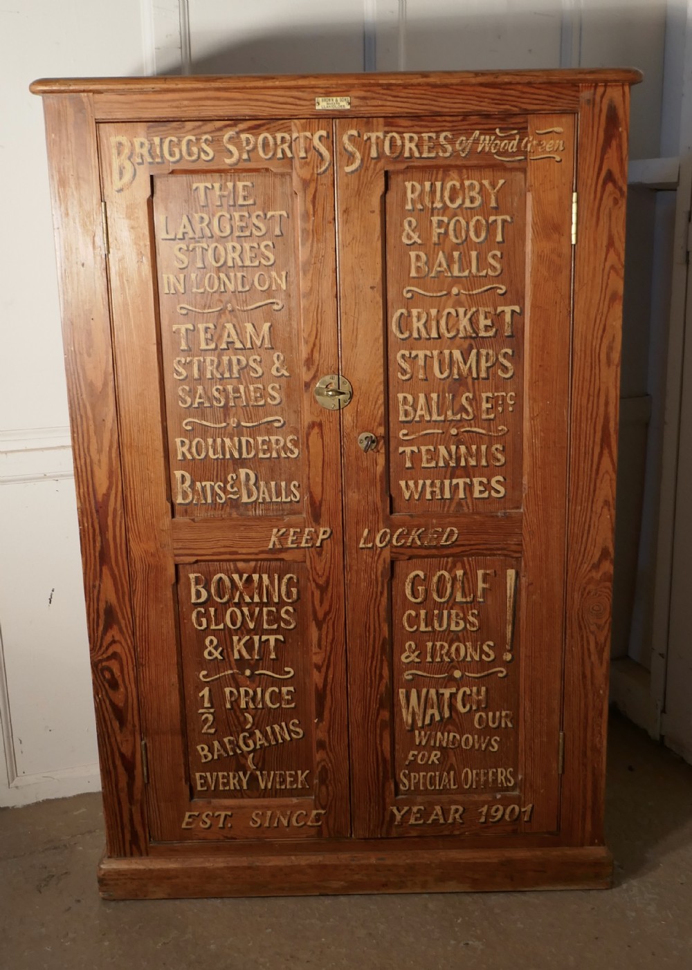 Sign Painted Pitch Pine School Cupboard, Sports Equipment Cupboard