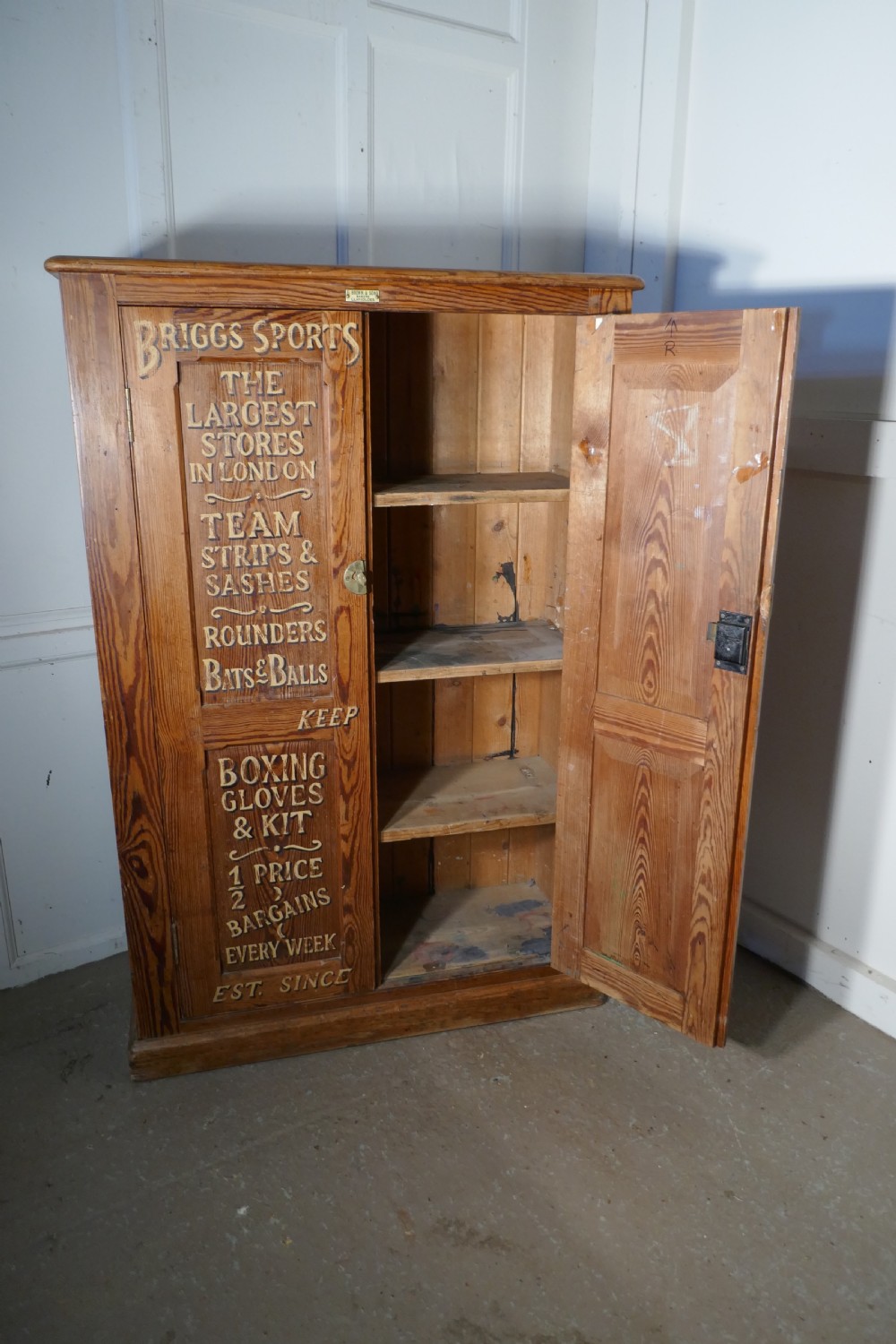 Sign Painted Pitch Pine School Cupboard, Sports Equipment Cupboard View II