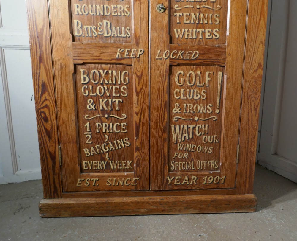 Sign Painted Pitch Pine School Cupboard, Sports Equipment Cupboard View V