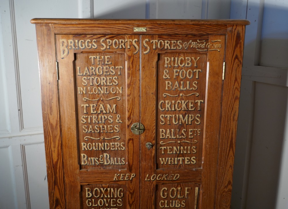 Sign Painted Pitch Pine School Cupboard, Sports Equipment Cupboard View VI