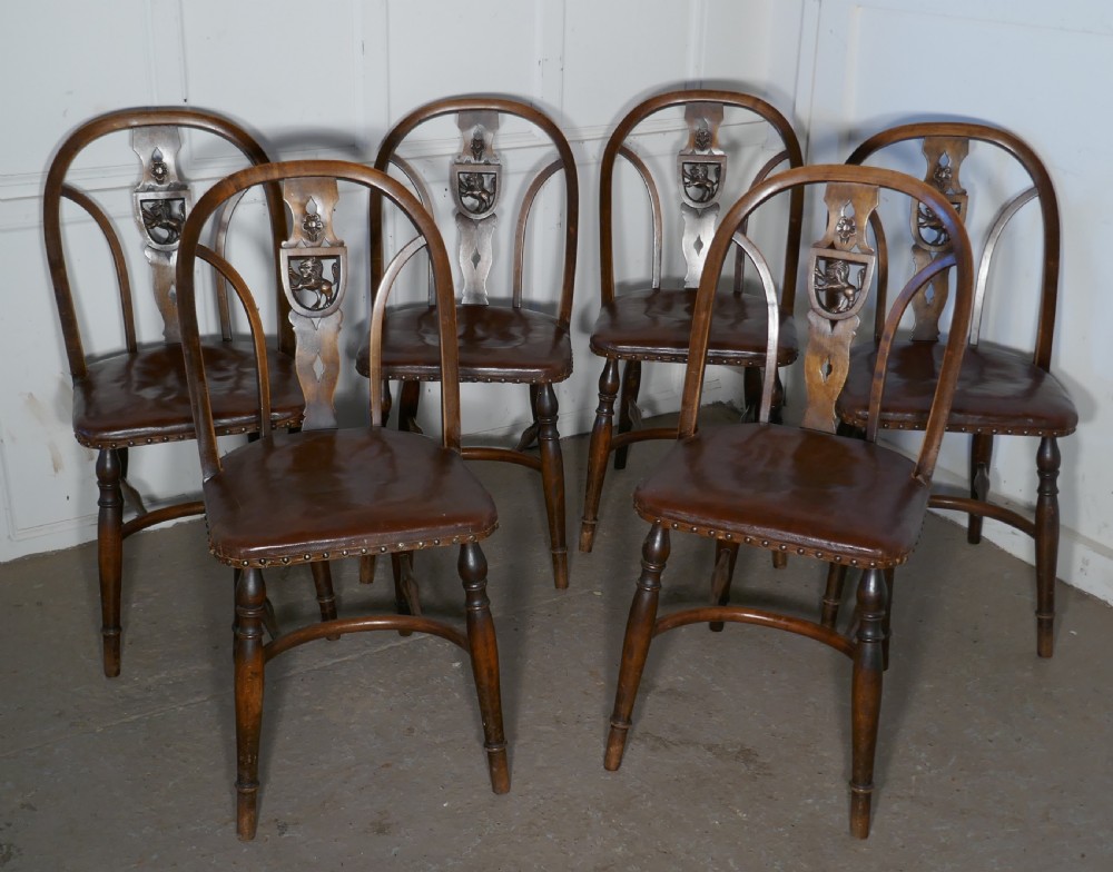 Set of 6 Arts and Crafts Gothic Heraldic Lion Back Windsor Chairs