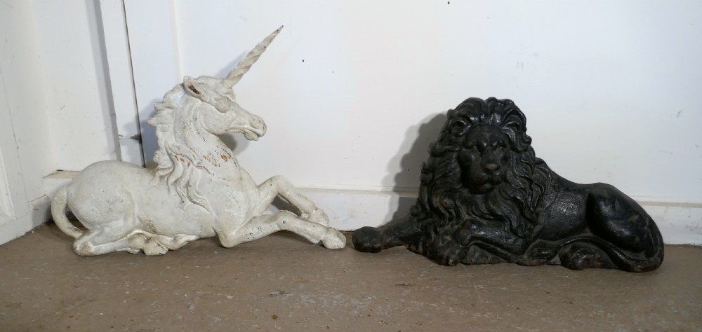 A pair of Flat Back Cast Iron Lion and Unicorn Garden Ornament Figures View VII