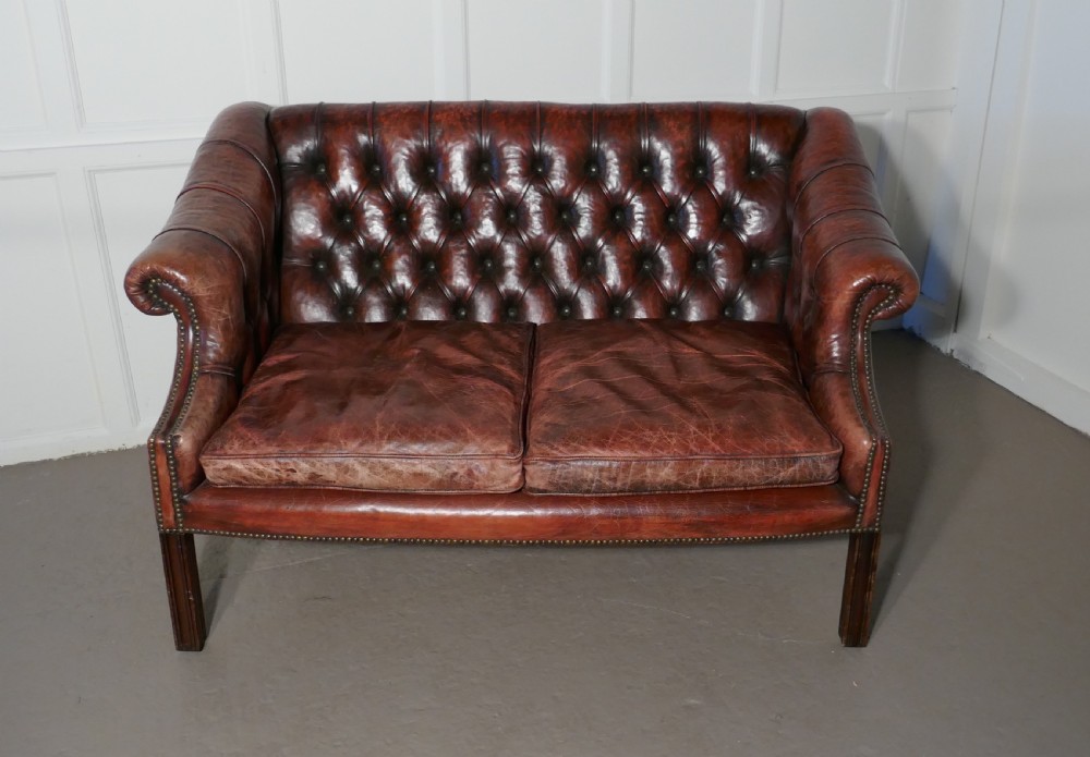 Edwardian Leather 2 Seater Library Chesterfield  Settee View III