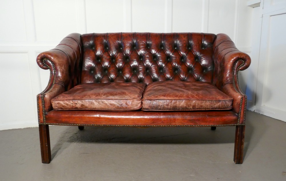 Edwardian Leather 2 Seater Library Chesterfield  Settee View X