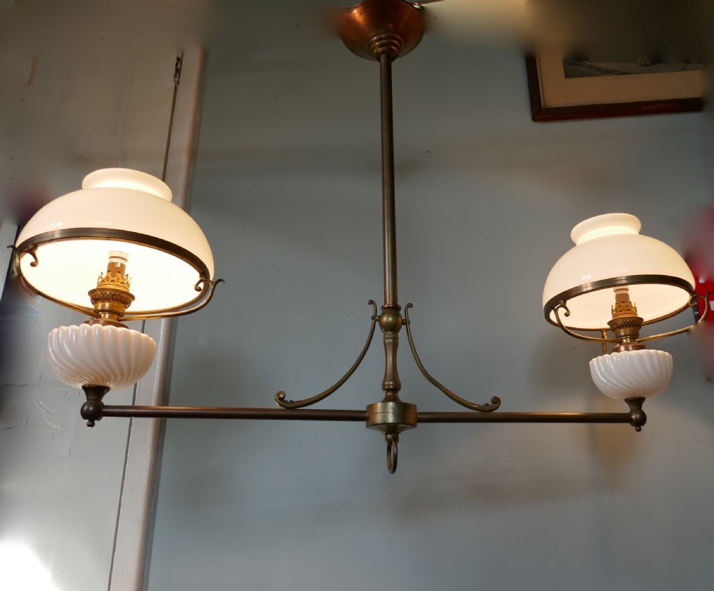 A Large French Hanging Dining Table Double Oil Lamp   View II