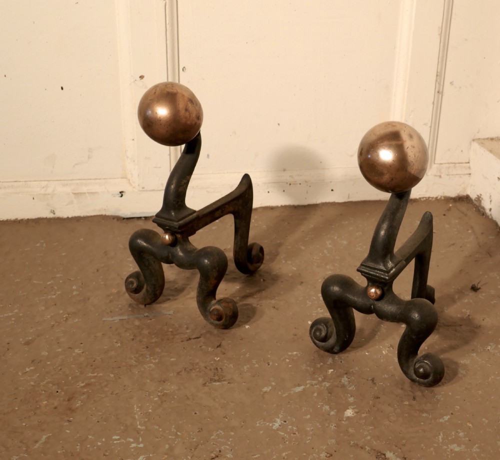 A Chunky Pair of French 19th Century Brass & Iron Andirons or Fire Dogs