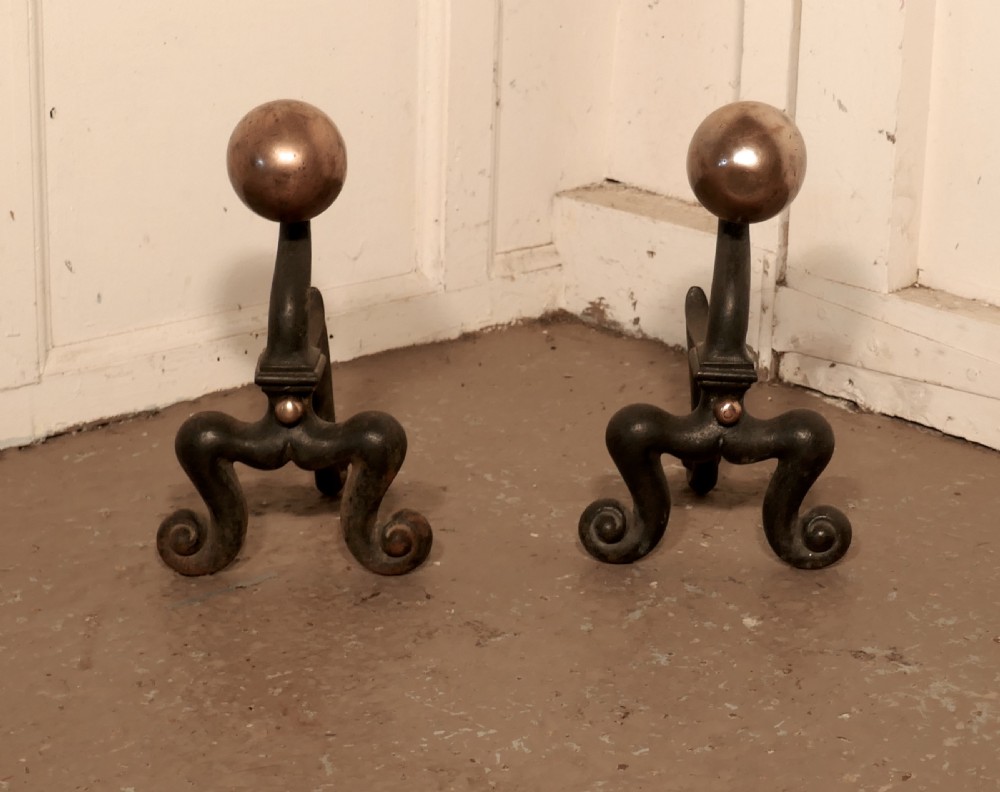 A Chunky Pair of French 19th Century Brass & Iron Andirons or Fire Dogs View II