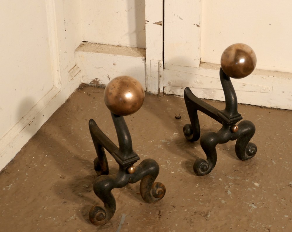 A Chunky Pair of French 19th Century Brass & Iron Andirons or Fire Dogs View III