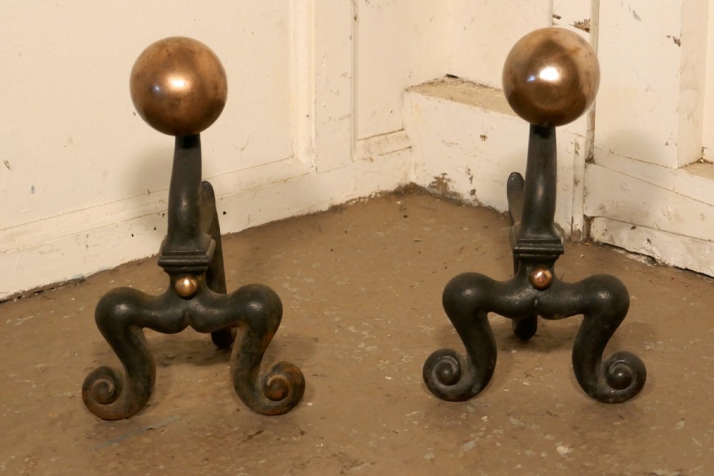 A Chunky Pair of French 19th Century Brass & Iron Andirons or Fire Dogs View IV