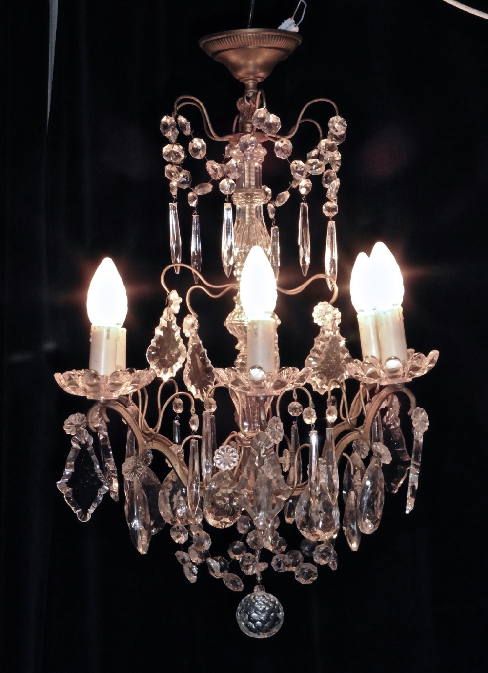 A Charming French Cut Glass 6 Branch Brass Chandelier