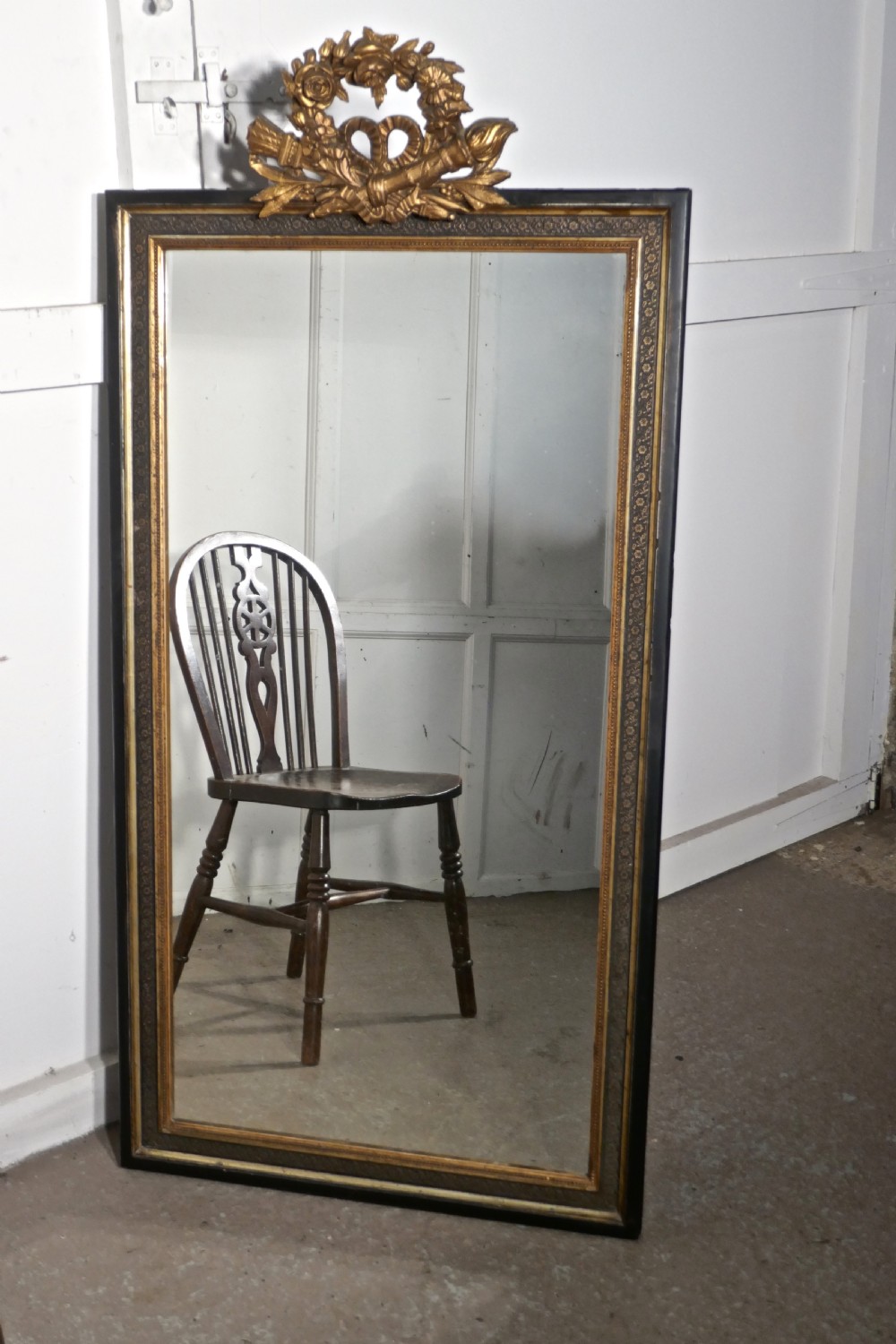 Large French Ebonised and Gilt Wall Mirror, Torch and Quiver Crest  View III