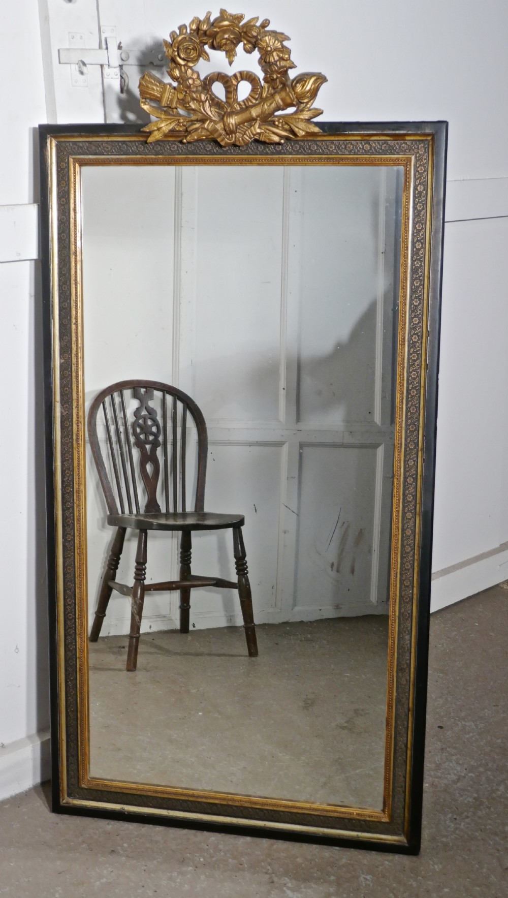 Large French Ebonised and Gilt Wall Mirror, Torch and Quiver Crest  View VI