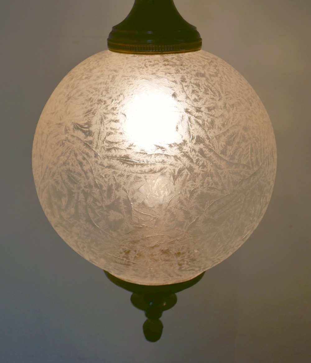 Large French Art Deco Globe Frosted Glass Hanging Pendant Light View III